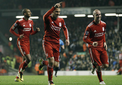 Liverpool celebrate goal by Maxi Rodriguez